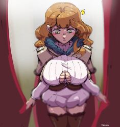 Rule 34 | 1girl, black clover, breasts, cape, cleavage, green eyes, large breasts, long hair, mimosa vermillion, orange hair, solo, thighhighs, torn clothes