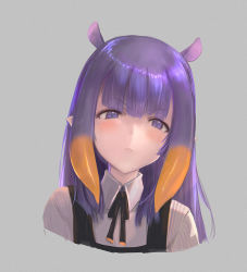 Rule 34 | 1girl, animal ears, black ribbon, blush, closed mouth, collared shirt, commentary, cropped shoulders, extra ears, frown, grey background, highres, hololive, hololive english, long hair, looking at viewer, mole, mole under eye, multicolored hair, neck ribbon, ninomae ina&#039;nis, ninomae ina&#039;nis (casual), orange hair, portrait, purple eyes, purple hair, ribbon, shirt, simple background, solo, streaked hair, tallgeese (lgeesel), virtual youtuber