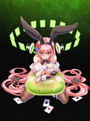 Rule 34 | breasts, cards on floor, green eyes, large breasts, leotard, pink hair, playboy bunny, project qt, qtenka