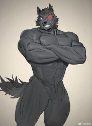 Rule 34 | 1boy, abs, animal ears, bara, beard stubble, bulge, crossed arms, eyepatch, facial hair, feet out of frame, furry, furry male, grey fur, grey theme, grin, highres, large pectorals, looking at viewer, male focus, mature male, muscular, muscular male, navel, nipples, original, pectorals, short hair, smile, solo, standing, stomach, stubble, tail, thick eyebrows, thick thighs, thighs, tooboshoo, topless male, wolf boy, wolf ears, wolf tail