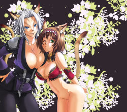 Rule 34 | 00s, 2girls, animal ears, bottomless, breasts, brown hair, cat ears, cat tail, cleavage, final fantasy, final fantasy xi, huge breasts, large breasts, mithra (ff11), multiple girls, navel, one eye closed, tachibana chata, tail, white hair, wink