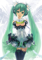 Rule 34 | 1girl, alternate costume, banana, flower, food, fruit, green eyes, green hair, hair flower, hair ornament, hatsune miku, hatsune miku (append), headphones, hjl, long hair, matching hair/eyes, open mouth, outstretched arms, solo, thigh gap, thighhighs, thighs, twintails, very long hair, vocaloid, vocaloid append