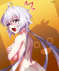 Rule 34 | 2girls, ahoge, ass, breasts, butt crack, completely nude, covering privates, covering breasts, embarrassed, large breasts, light purple hair, looking at viewer, low twintails, multiple girls, nude, purple eyes, senki zesshou symphogear, shadow, solo focus, tachibana hibiki (symphogear), twintails, uganda (ugandam 00), yukine chris