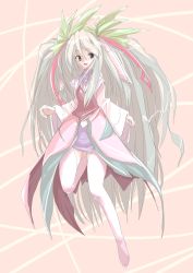 Rule 34 | 1girl, barefoot, black eyes, long hair, original, pink background, silver hair, skirt, solo, thighhighs, two side up, very long hair, white thighhighs