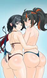 2girls absurdres animal_ears ass ass_focus bikini black_bikini black_hair blue_bikini blue_eyes blush enzo_benitez_7 highres hug jane_doe_(zenless_zone_zero) mouse_ears multicolored_hair multiple_girls ponytail red_eyes red_hair smile swimsuit thighs thong_bikini torso_grab unworn_bikini_top zenless_zone_zero zhu_yuan