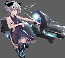Rule 34 | 1girl, absurdres, bare arms, bare shoulders, black dress, black footwear, black thighhighs, blue eyes, boots, breasts, closed mouth, dress, frilled dress, frills, from side, glowing, grey background, hair ornament, highres, holding, holding weapon, looking away, medium breasts, original, ribbed dress, silver hair, simple background, sleeveless, sleeveless dress, solo, standing, standing on one leg, thighhighs, trap (drthumt), weapon