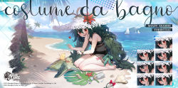 Rule 34 | 1girl, @ @, antenna hair, azur lane, bare shoulders, barefoot, beach, bikini, black bikini, blush, boat, bow, byulzzi, cloud, day, expressions, feet, flower, green hair, hat, hat flower, heart, highres, leg tattoo, long hair, looking at viewer, manjuu (azur lane), mountain, ocean, official alternate costume, official art, open mouth, outdoors, palm tree, promotional art, red bow, red eyes, red flower, sailboat, sandals, sardegna empire (emblem), see-through, shadow, shell, sitting, sky, smile, soles, solo, straw hat, sun hat, swimsuit, tattoo, toes, torricelli (azur lane), torricelli (shady seaside) (azur lane), tree, turtle, wariza, water, watercraft