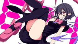 Rule 34 | 1girl, :p, ahoge, anime coloring, ass, asymmetrical wings, black dress, black hair, black thighhighs, blush, bow, bowtie, dress, dutch angle, finger to mouth, hair between eyes, highres, houjuu nue, legs up, looking at viewer, lying, no panties, on back, pointing, pointing at self, pointy ears, red eyes, sakurame, shoes, short hair, short sleeves, sideways glance, slit pupils, solo, thighhighs, thighs, tongue, tongue out, touhou, wallpaper, white background, wings