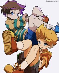 Rule 34 | 2boys, apple, artist name, blonde hair, blue eyes, brown hair, child, commentary request, crying, crying with eyes open, food, fruit, full body, haru-cho, highres, looking at viewer, lucas (mother 3), male focus, mother (game), multiple boys, ness (mother 2), nintendo, no headwear, open mouth, shoes, short hair, short sleeves, shorts, striped clothes, tears, white background