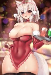 Rule 34 | 1girl, :d, animal ears, areola slip, black thighhighs, blurry, blurry background, breasts, christmas, cleavage, covered navel, cowboy shot, cup, curvy, drinking glass, fang, hair ornament, hat, heart, highres, holding, holding tray, holly hair ornament, inubashiri momiji, large breasts, leotard, light particles, looking at viewer, onomiya, open mouth, pom pom (clothes), red eyes, red hat, red leotard, short hair, skindentation, smile, solo, standing, star (symbol), tail, thighhighs, tokin hat, touhou, tray, white hair, wolf ears, wolf girl, wolf tail