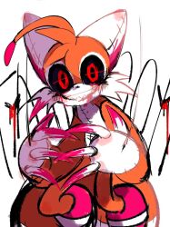 Rule 34 | animal ears, antennae, black sclera, blood, bloody tears, claws, colored sclera, creepy, doll, fox ears, fox tail, grin, highres, looking at viewer, red eyes, smile, sonic (series), sonic r, tail, tails (sonic), tails doll, usa37107692