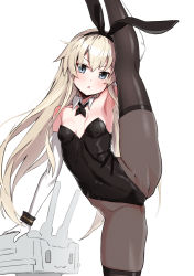 Rule 34 | 1girl, alternate eye color, animal ears, armpits, black leotard, black pantyhose, blonde hair, blush, breasts, chestnut mouth, collarbone, detached collar, elbow gloves, fake animal ears, gloves, grey eyes, hair between eyes, highres, kantai collection, leotard, long hair, looking at viewer, open mouth, pantyhose, playboy bunny, rabbit ears, rensouhou-chan, shimakaze (kancolle), simple background, small breasts, solo, split, standing, standing on one leg, standing split, takanashi kei (hitsujikan), thighhighs, thighhighs over pantyhose, white background, white gloves