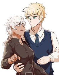 Rule 34 | 1boy, 1girl, ahoge, archer (fate), arm around waist, artoria pendragon (all), artoria pendragon (fate), black shirt, blonde hair, braid, commentary request, fate/grand order, fate/stay night, fate (series), genderswap, genderswap (ftm), genderswap (mtf), green eyes, grey eyes, highres, looking at another, necktie, saber (fate), shirt, simple background, single braid, sweater vest, upper body, white background, white hair, yamano udumi