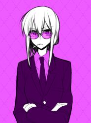 Rule 34 | 00s, 1girl, 6 (yuchae), business suit, cigarette, crossed arms, formal, glasses, melty blood, monochrome, necktie, purple background, purple theme, reverse trap, riesbyfe stridberg, rimless eyewear, solo, spot color, suit, sunglasses, tsukihime, upper body