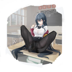 Rule 34 | 1girl, absurdly long hair, absurdres, armband, azur lane, ball, black bow, black bowtie, black hair, book, bow, bowtie, bra visible through clothes, button gap, chalkboard, collared shirt, desk, feet, full body, highres, indoors, jacket, long hair, long sleeves, miniskirt, official alternate costume, on desk, open book, open clothes, open jacket, pantyhose, partially unbuttoned, pleated skirt, red eyes, red jacket, round eyewear, school desk, school uniform, shirt, shirt tucked in, sitting, on desk, skirt, soccer ball, solo, spread legs, suo bu ye feng, taihou (azur lane), taihou (sweet time after school) (azur lane), thighband pantyhose, toes, very long hair, white shirt, window, yellow armband