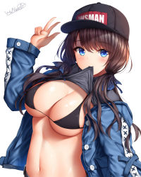 Rule 34 | 1girl, artist name, baseball cap, belt, bikini, bikini under clothes, black bikini, black hat, blue eyes, blue jacket, breasts, brown hair, cleavage, clothes in mouth, clothes lift, clothes writing, commentary, grey shirt, hand up, hat, highres, jacket, large breasts, lifted by self, long hair, long sleeves, looking at viewer, low twintails, mouth hold, navel, open clothes, open jacket, original, shiny skin, shirt, shirt in mouth, shirt lift, sidelocks, signature, simple background, smile, solo, stomach, swimsuit, twintails, upper body, w, wsman