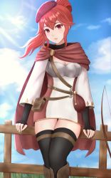 Rule 34 | 1girl, absurdres, anna (fire emblem), armor, blue sky, blush, bow (weapon), breasts, cape, cleavage, cloud, fence, fire emblem, highres, leaning back, looking at viewer, nintendo, ponytail, red eyes, red hair, sky, sleeptopi, small breasts, solo, sun, thighs, weapon