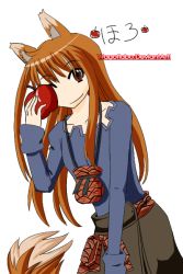 Rule 34 | 1girl, ;), animal ears, apple, female focus, food, fruit, holo, long hair, one eye closed, red eyes, self-upload, skirt, smile, solo, spice and wolf, transparent background, wagoflabo, wolf ears