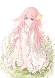 Rule 34 | 1girl, :o, animal ears, barefoot, blue eyes, blush, commentary request, dress, fence, flower, frilled dress, frills, hair between eyes, hair ribbon, highres, knees up, kushida you, long hair, looking at viewer, original, parted lips, pigeon-toed, pink flower, pink hair, rabbit ears, ribbon, sailor collar, sailor dress, sitting, solo, stuffed animal, stuffed rabbit, stuffed toy, very long hair, white dress, white flower, white sailor collar, wooden fence, yellow ribbon