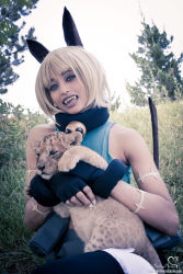 Rule 34 | 1girl, animal ears, bell, belt, cat ears, cat girl, cat tail, collar, cosplay, cub, fangs, female focus, fingerless gloves, gloves, highres, lion, lion cub, midriff, ms. fortune (skullgirls), nadia fortune (cosplay), neck bell, photo (medium), pouch, real life, scar, skullgirls, tail, the mirror melts, white hair