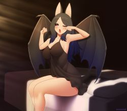 Rule 34 | 1girl, ;o, animal ears, artist name, bat ears, bat girl, bat wings, bed, black hair, blush, breasts, commentary, commentary request, commission, english commentary, eyes visible through hair, kuroonehalf, large breasts, light particles, light rays, long hair, looking at viewer, nightgown, on bed, one eye closed, open mouth, original, purple eyes, rubbing eyes, sitting, sleepy, solo, wings, yawning