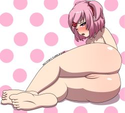 Rule 34 | 1girl, absurdres, anus, ass, barefoot, blush, doki doki literature club, feet, hair ornament, highres, mistpirit, natsuki (doki doki literature club), nude, one eye closed, open mouth, pink eyes, pink hair, pussy, simple background, soles, toes