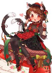 Rule 34 | 1girl, alternate costume, animal ears, bell, bow, braid, brown hair, cat ears, cat tail, chen, dress, earrings, fang, flower, food, frills, fruit, garter straps, gold trim, hair flower, hair ornament, hat, heart, highres, holding, ibaraki natou, jam, jar, jewelry, jingle bell, lace, lolita fashion, looking at viewer, multiple tails, open mouth, qi lolita, red dress, red eyes, red footwear, short hair, side braid, simple background, sitting, solo, strawberry, tail, thighhighs, touhou, unmoving pattern, white background, wrist cuffs