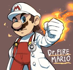 Rule 34 | 1boy, blue eyes, brown background, brown hair, dr. fire mario, dr. mario, dr. mario (game), dr. mario world, english text, facial hair, fire, fire mario, gloves, hat, looking at viewer, male focus, mario, mario (series), mustache, nintendo, overalls, red overalls, shirt, simple background, stethoscope, white gloves, white headwear, white shirt, ya mari 6363