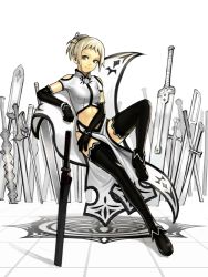Rule 34 | 1girl, black thighhighs, brown eyes, clothes between thighs, clothing cutout, elbow gloves, female focus, full body, gloves, k+, midriff, original, ponytail, short hair, shoulder cutout, sitting, smile, solo, sword, thighhighs, weapon, white hair