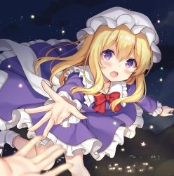 Rule 34 | 1girl, :o, blonde hair, blurry, blurry foreground, blush, bow, bowtie, commentary request, depth of field, dress, frilled shirt collar, frilled sleeves, frills, hat, leg up, long hair, looking at viewer, maribel hearn, mob cap, night, night sky, open mouth, out of frame, outstretched arm, purple dress, purple eyes, reaching, red bow, red neckwear, shiromikan, sky, socks, solo focus, star (sky), star (symbol), starry sky, touhou, white legwear