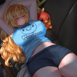 Rule 34 | 1girl, alternate costume, armpit hair, armpits, arms up, black shorts, blonde hair, blue shirt, blush, breasts, cameltoe, character doll, character print, closed eyes, clothes writing, commentary request, cookie (touhou), couch, covered erect nipples, cowboy shot, creatures (company), game freak, gen 3 pokemon, gen 4 pokemon, handheld game console, kirisame marisa, large breasts, long hair, mars (cookie), midriff peek, navel, new nintendo 3ds, nintendo, nintendo ds, otemoto (baaaaloooo), parted lips, piplup, pokemon, pokemon (creature), pussy juice, shirt, shorts, sleeping, solo, thighs, torchic, touhou