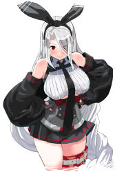 Rule 34 | 1girl, absurdres, azur lane, black necktie, black skirt, blush, braid, breasts, closed mouth, crop top, cropped legs, detached sleeves, grey hair, hair over one eye, hands on own hips, hey taisyou, highres, large breasts, long hair, looking at viewer, miniskirt, necktie, pleated skirt, prinz heinrich (azur lane), red eyes, simple background, single braid, skirt, solo, thigh strap, very long hair, white background
