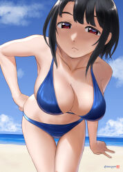 Rule 34 | 1girl, beach, bikini, black hair, blue bikini, blue sky, breasts, cleavage, cloud, collarbone, day, hand on own hip, highres, horizon, kantai collection, large breasts, looking at viewer, mu-pyon, ocean, outdoors, red eyes, short hair, sky, solo, swimsuit, takao (kancolle), v