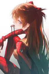 Rule 34 | 1girl, andi 1021, arm on knee, blue eyes, bodysuit, breasts, commentary, english commentary, eyepatch, eyewear in mouth, feet out of frame, from behind, hair between eyes, hair over shoulder, knee up, long hair, looking at viewer, medium breasts, mouth hold, neon genesis evangelion, orange hair, plugsuit, red bodysuit, sidelocks, sitting, solo, souryuu asuka langley, twintails, unworn eyepatch, white background