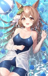 Rule 34 | 1girl, :d, animal ears, ball, blue flower, blue one-piece swimsuit, blue rose, blush, breasts, brown eyes, brown hair, cleavage, flower, gluteal fold, hair ornament, highres, horse ears, horse girl, long hair, looking at viewer, lying on water, medium breasts, mutenka (plfgb), one-piece swimsuit, open mouth, rose, satono diamond (umamusume), school swimsuit, smile, solo, swimsuit, umamusume, water, wet