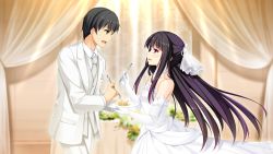 Rule 34 | 1boy, 1girl, :d, akino subaru, black hair, blurry, blurry background, brother and sister, brown eyes, choker, collarbone, collared shirt, couple, cowboy shot, curtains, dress, elbow gloves, eye contact, floating hair, fork, game cg, gin&#039;iro haruka, gloves, grey neckwear, grey vest, hair ornament, holding, holding fork, holding plate, husband and wife, jacket, long dress, long hair, long sleeves, looking at another, necktie, niimi yukito, niimi yuzuki, official art, open mouth, pants, plate, profile, purple eyes, shirt, short hair, siblings, sleeveless, sleeveless dress, smile, strapless, strapless dress, very long hair, vest, wedding, wedding dress, white choker, white dress, white gloves, white jacket, white pants, white shirt, wing collar