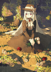 Rule 34 | 1girl, bouquet, bow, brooch, brown dress, brown hat, dress, flower, hat, hat bow, highres, holding, holding flower, jewelry, long hair, long sleeves, looking to the side, on ground, original, outdoors, plant, potg (piotegu), red eyes, red flower, red rose, ribbon, rose, shirt, sitting, skirt, solo, very long hair, white flower, white hair, white ribbon, white rose