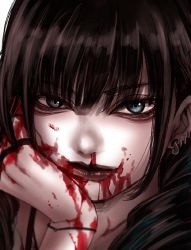 Rule 34 | 1girl, arm support, blood, blood on face, blue eyes, bracelet, brown hair, brown lips, closed mouth, earrings, hoshi san 3, jewelry, lipstick, looking at viewer, makeup, multiple rings, nosebleed, original, portrait, ring, smile, solo