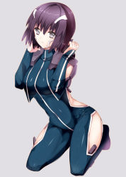 Rule 34 | 1girl, arm cutout, bodysuit, breasts, brown hair, clothing cutout, finger marks, grey background, grey eyes, headgear, kneeling, leg cutout, nishio rina, ootani mikoto, open mouth, pilot suit, shiny clothes, short hair, side cutout, solo, soukyuu no fafner, synergetic suit
