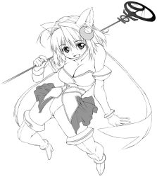 Rule 34 | 00s, 1girl, animal ears, arcueid brunestud, bare shoulders, boots, breasts, cat ears, cleavage, crescent, crescent hair ornament, dress, face, greyscale, hair ornament, large breasts, magical girl, monochrome, phantas-moon, short hair, solo, strapless, strapless dress, thigh boots, thighhighs, tsukihime, wand, yamaguchi homupe