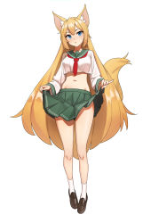 Rule 34 | 1girl, absurdres, animal ears, blonde hair, blouse, blue eyes, clothes lift, collar, collared shirt, commission, crop top, crop top overhang, fox ears, fox girl, fox tail, green collar, green skirt, highres, kiritzugu, lifted by self, loafers, long hair, looking at viewer, navel, neckerchief, open mouth, original, pleated skirt, red neckerchief, sailor collar, school uniform, serafuku, shirt, shoes, simple background, skirt, skirt lift, socks, stomach, tail, white background, white shirt, white socks