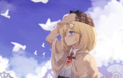 Rule 34 | 1girl, absurdres, arm up, beige capelet, bird, blonde hair, blue eyes, blue sky, blush, capelet, cloud, commentary, gears, hair ornament, hairclip, hand on headwear, hat, highres, hololive, hololive english, klaius, long sleeves, looking away, medium hair, necktie, profile, red necktie, shirt, sky, solo, upper body, virtual youtuber, watson amelia, watson amelia (1st costume), white shirt