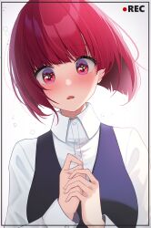 Rule 34 | 1girl, arima kana, blush, buttons, collared shirt, commentary, highres, long sleeves, oshi no ko, recording, red eyes, red hair, shirt, short hair, simple background, solo, viewfinder, wabimochi, white background, white shirt