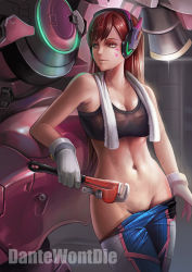 Rule 34 | 1girl, artist name, bodysuit, breasts, brown hair, cleavage, clothes pull, d.va (overwatch), dantewontdie, facial mark, gloves, groin, headphones, highres, long hair, mecha, medium breasts, meka (overwatch), midriff, navel, overwatch, overwatch 1, pants, pants pull, pilot suit, pulling own clothes, robot, smile, solo, sports bra, sweat, towel, towel around neck, whisker markings, wrench