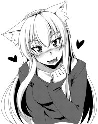 Rule 34 | 1girl, animal ears, blush, cat ears, greyscale, heart, long hair, looking at viewer, monochrome, nokoppa, open mouth, original, simple background, smile, solo, white background