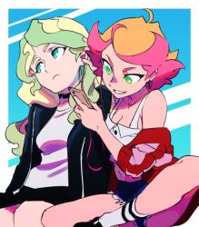 Rule 34 | 10s, 2girls, amanda o&#039;neill, bare shoulders, blue background, blue eyes, breasts, casual, choker, cleavage, crop top, denim, denim shorts, diana cavendish, earphones, earrings, green eyes, green hair, hood, hoodie, jacket, jewelry, little witch academia, long hair, looking away, midriff, miyazaki shiori, multicolored hair, multiple girls, navel, off shoulder, official art, open clothes, open jacket, orange hair, phone, pink hair, shirt, shorts, simple background, sitting, skirt, smile, two-tone hair, white shirt