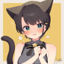 Rule 34 | 1girl, absurdres, animal ears, black bow, black bowtie, blue eyes, bow, bowtie, breasts, brown hair, cat ears, cat tail, extra ears, highres, hololive, large breasts, looking at viewer, nyasunyadoora, oozora subaru, oozora subaru (work), shirt, short hair, simple background, sleeveless, sleeveless shirt, solo, striped clothes, striped shirt, tail, upper body, vertical-striped clothes, vertical-striped shirt, virtual youtuber