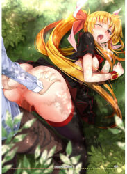 Rule 34 | 00s, 1girl, anus, ass, blonde hair, blush, censored, doggystyle, fate testarossa, hetero, lyrical nanoha, mahou shoujo lyrical nanoha, mikazuki akira!, one eye closed, open mouth, red eyes, sex, sex from behind, solo focus, spread ass, thighhighs, twintails, wink