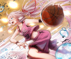 Rule 34 | 1girl, ahoge, alternate costume, ball, bare shoulders, basketball (object), blue eyes, braid, breasts, clothes writing, cluseller, collarbone, commission, english text, female focus, hair between eyes, hair ribbon, ia (vocaloid), japanese text, long hair, open mouth, orange background, pink hair, pink shirt, ponytail, red ribbon, ribbon, shiny skin, shirt, sleeveless, sleeveless shirt, small breasts, solo, sports bra, sweat, teeth, tongue, translation request, v-shaped eyebrows, vocaloid, water