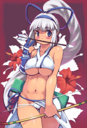 Rule 34 | 1girl, arrow (projectile), bare shoulders, blunt bangs, blush, bow (weapon), breasts, flower, gloves, half-skirt, large breasts, lowleg, lowleg panties, majikina mina, mouth hold, navel, panties, pinky out, ponytail, samurai spirits, sidelocks, silver hair, single glove, snk, solo, thigh gap, thighs, underboob, underwear, v, weapon, yu 3